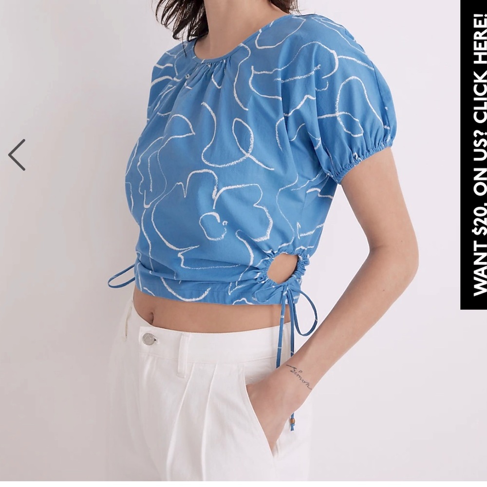 MADEWELL Embroidered Poplin Puff Sleeve Cutout Crop Top